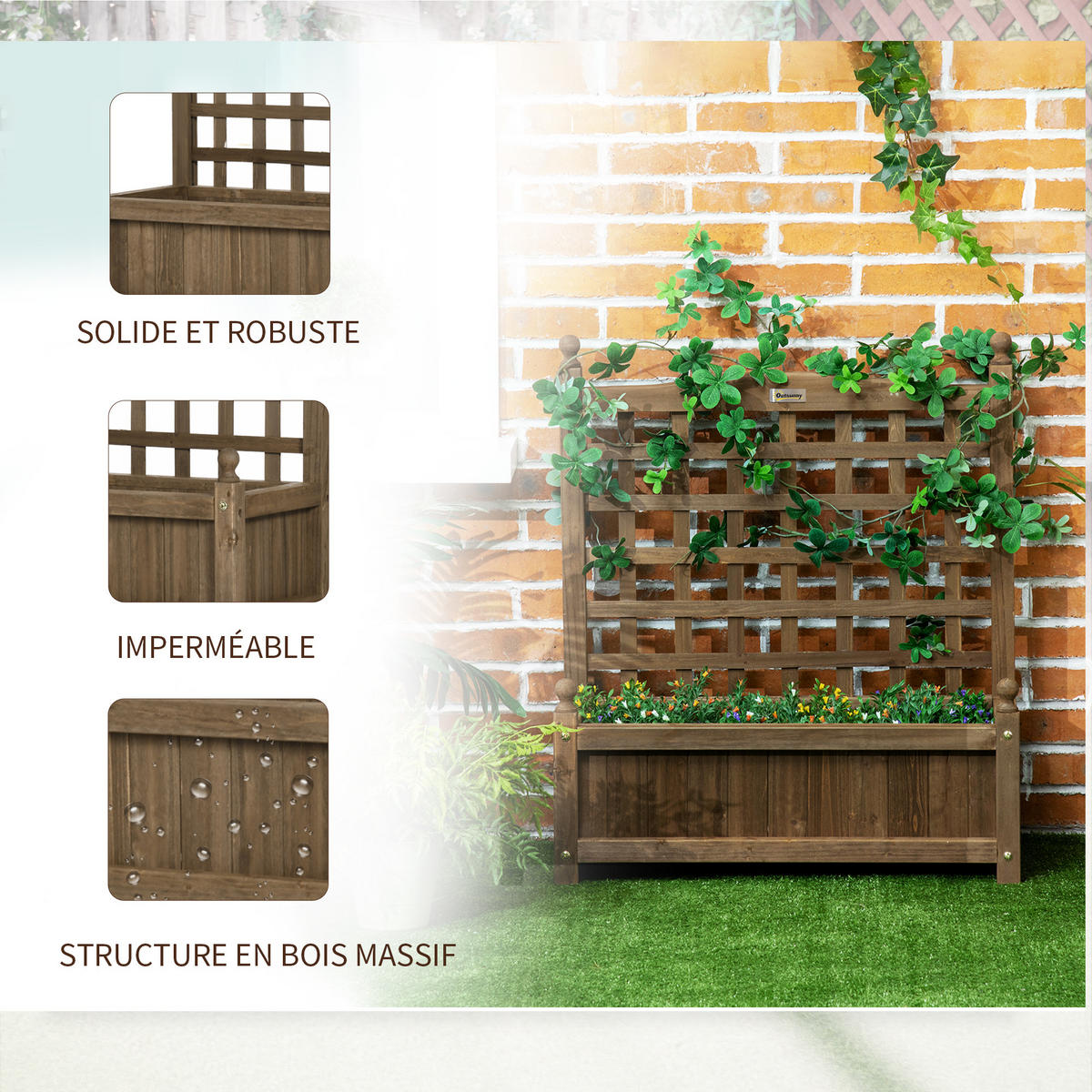 HOCHBEET DE-12162 mit Rankgitter 64/28/75 cm mit Bewässerung Natur - Braun, Holz (64/75/28cm) - ComfortXL