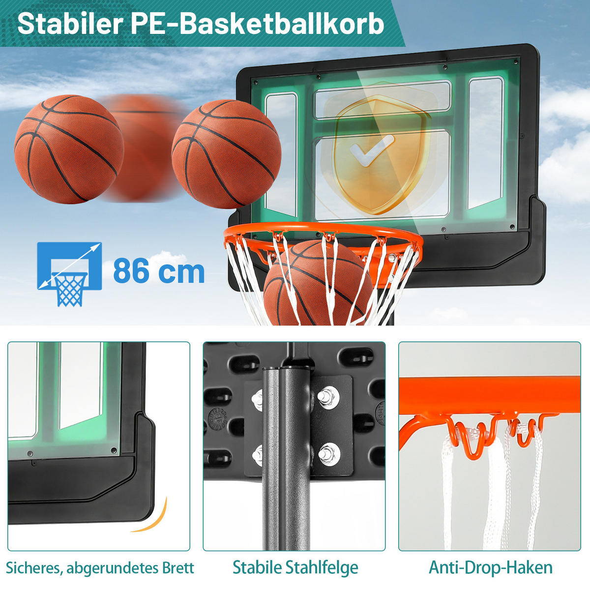 BASKETBALLKORB AUF RÄDERN Schwarz - Schwarz, Metall (45/75cm) - COSTWAY