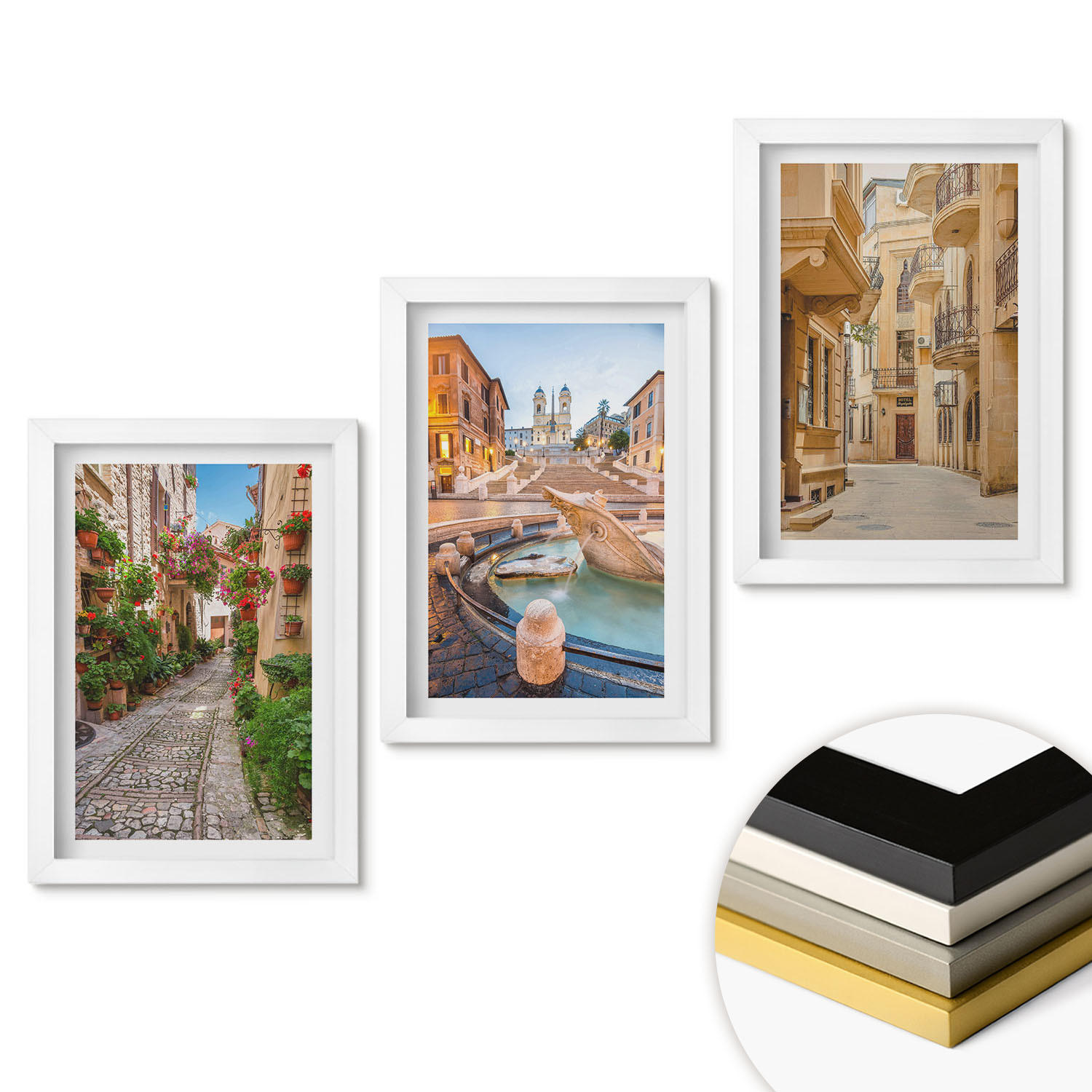 WANDBILDER 3er-Set - 20x30 cm Weißer Rahmen - Die bezaubernden Straßen des Brunnens - Weiß, Kunststoff (20/30cm) - ArtPrintCave