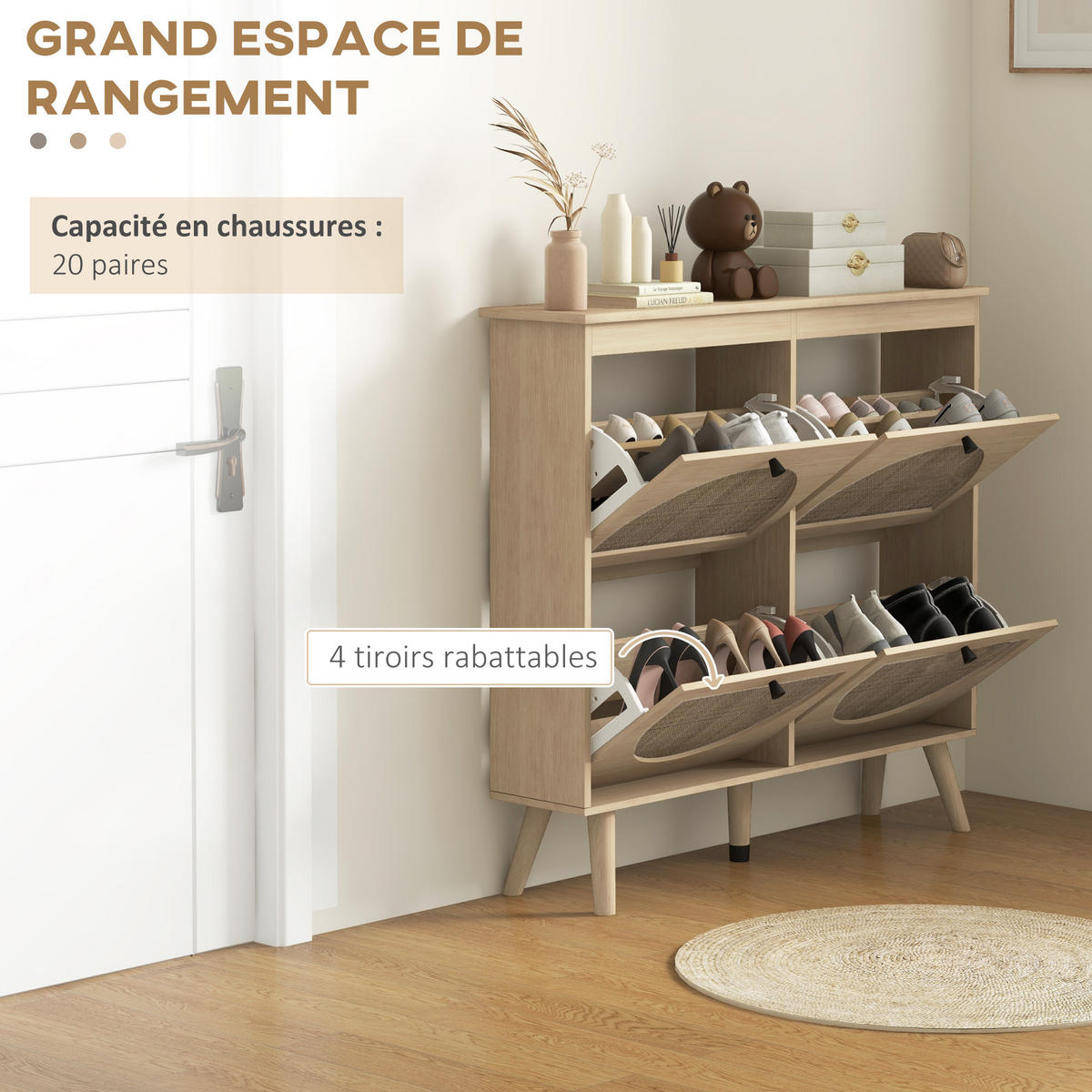 SCHUHSCHRANK DE-14995 4 Klapptüren mit Rattan-Optik Natur - Naturfarben, Holzwerkstoff (105/97.5/24cm) - ComfortXL