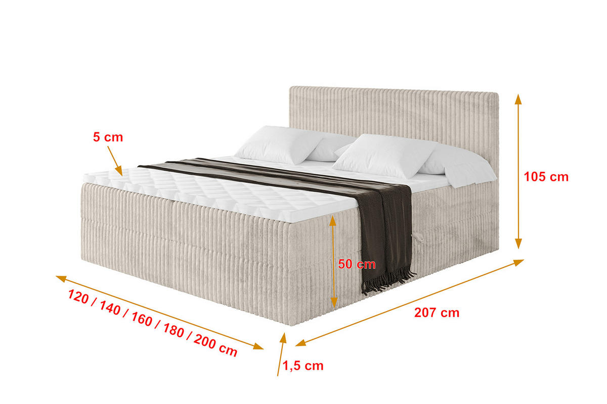 BOXBETT mit Matratze H4 und Lattenrost - TOLO - 160x200 Cord - Creme - Creme, Holzwerkstoff/Kunststoff (160/200cm) - ALTDECOR