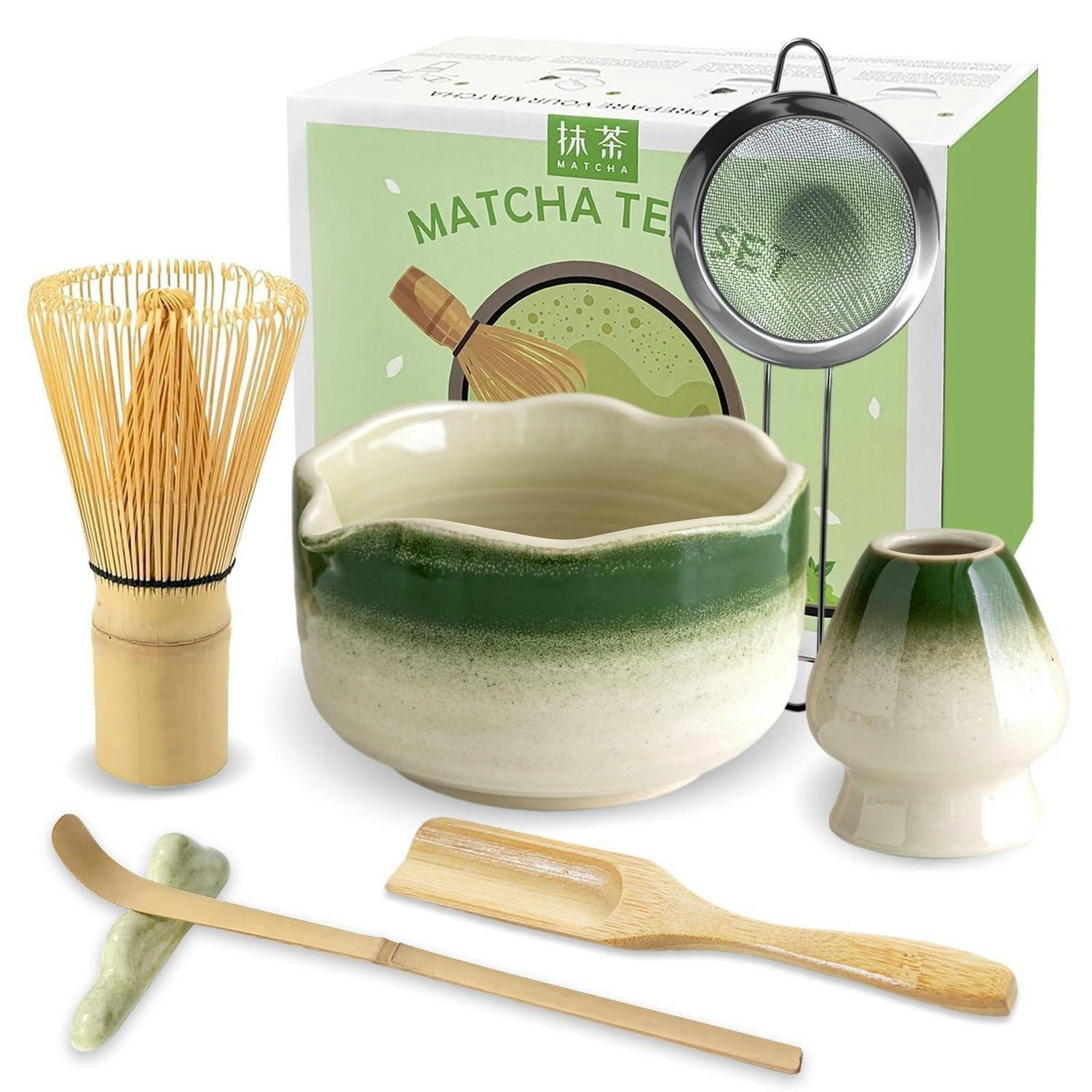 MATCHA Set 7-teilig mit Bambusbesen und Schale - Grün, Keramik (15/10/20cm)