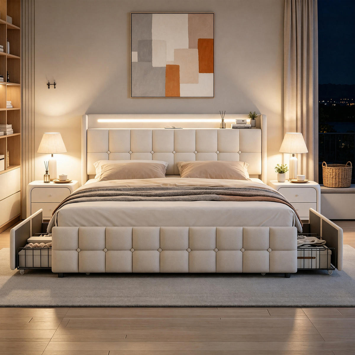 POLSTERBETT 140x200 mit Stauraum, Bettgestell 140x200 mit 4 Schubladen, Kopfteil mit USB und LED, Lattenrost, Bezug aus Leinen, Beige - Beige, Holz/Holzwerkstoff (140/200cm) - GENKI LIVING