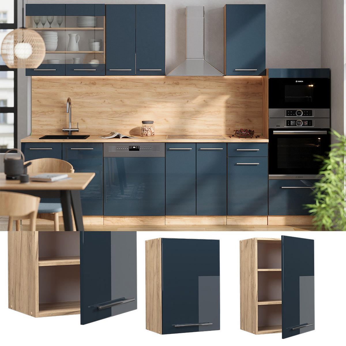 HÄNGESCHRANK Fame-Line Dunkelblau Hochglanz 50 cm - Honigeiche/Eiche Wotan, Holzwerkstoff (50/72/34.1cm) - Vicco
