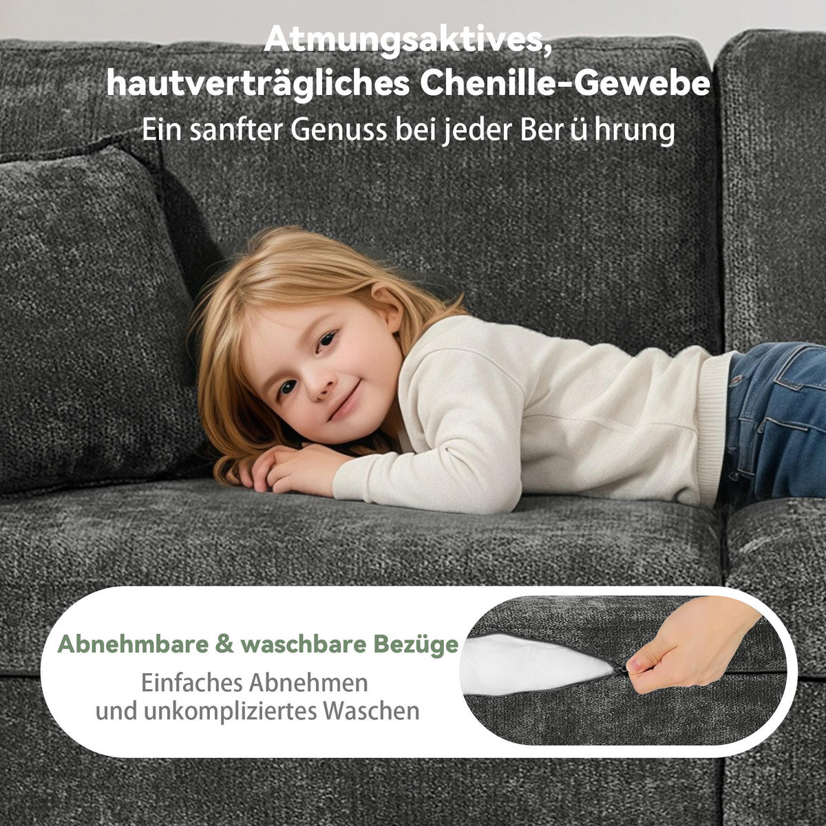 2-SITZER SOFA Chenille Schwarz mit USB, Magazintasche, Getränkehalter und Kissen - Schwarz, Textil (220/89/100cm) - WISHDOR