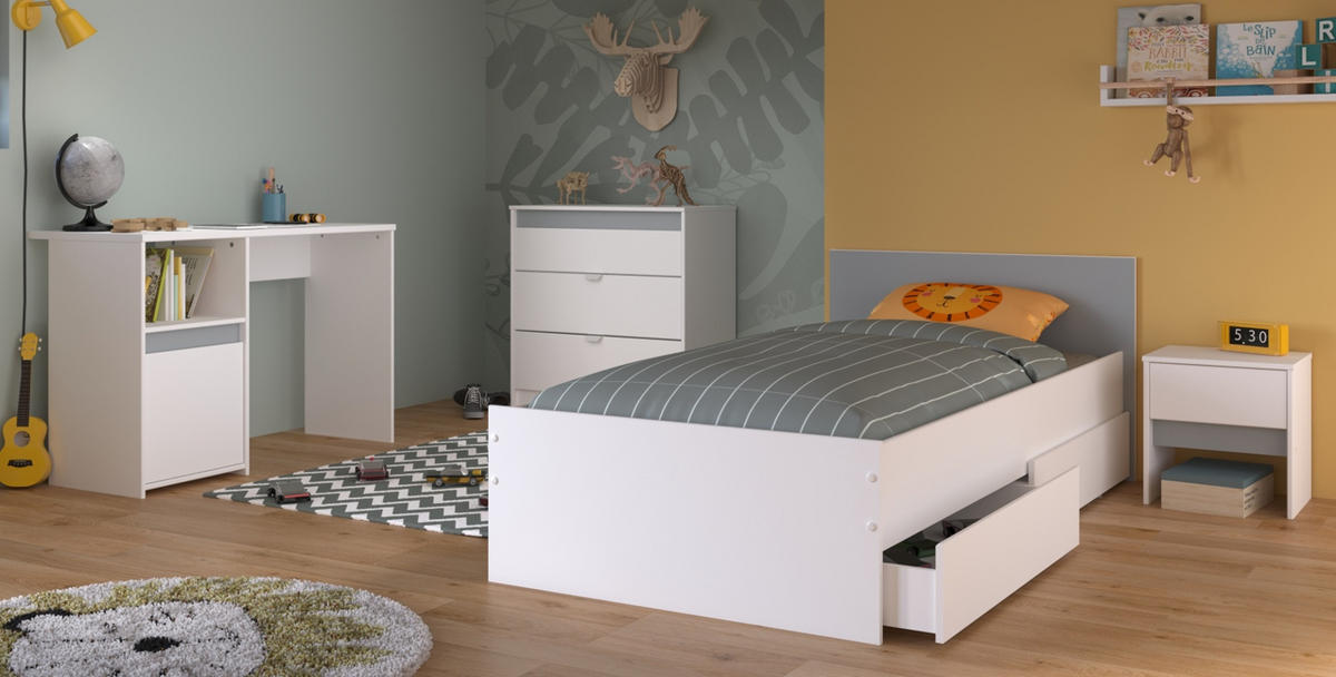 KINDERZIMMER weiß, grau oder rosa, Komplett-Set 4-teilig mit Stauraumbett 90x200 cm - Weiß, Holzwerkstoff (110/80/203cm) - Parisot Meuble