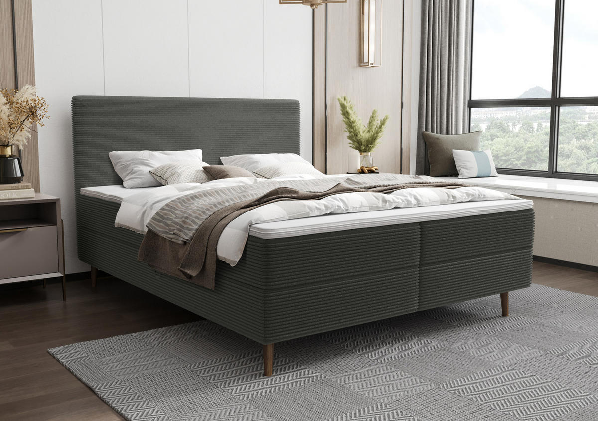 BOXBETT NARA mit Matratze H3, Bonell und Topper 180x200 POSO 115 - Dunkelgrau, Textil (180/200cm) - Bedante