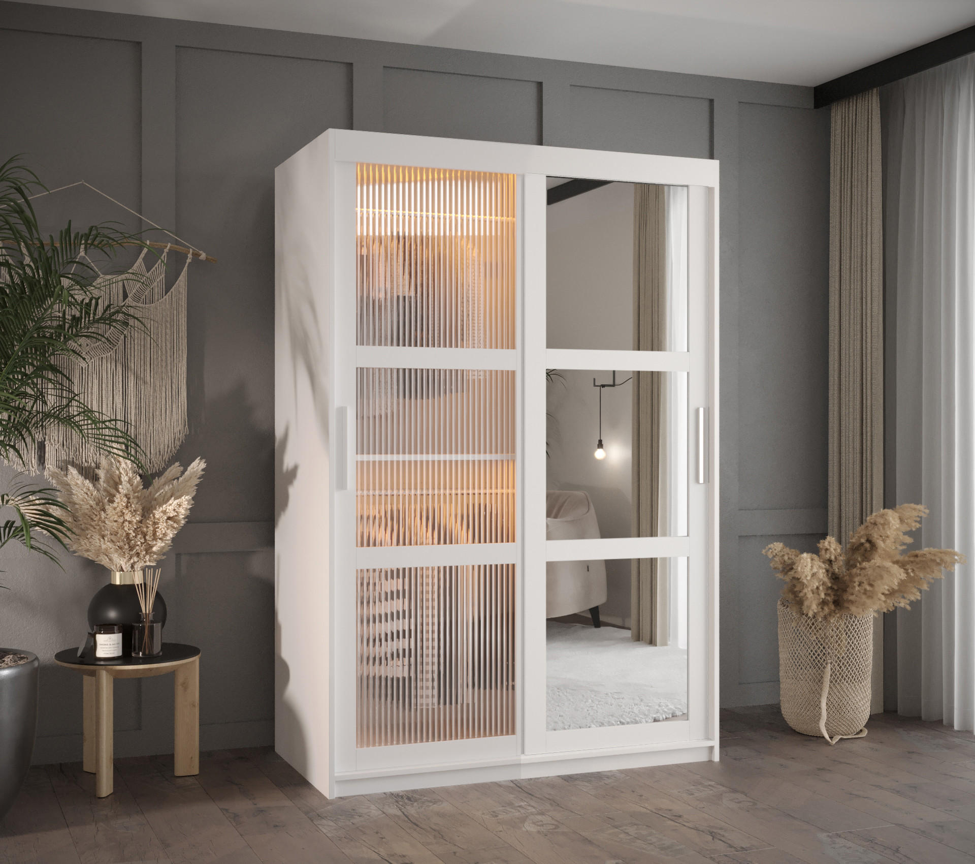 SCHWEBETÜRENSCHRANK 200/120/62 2-türig - Silberfarben/Weiß, Holz/Kunststoff (120/200/62cm) - Abiks Möbel