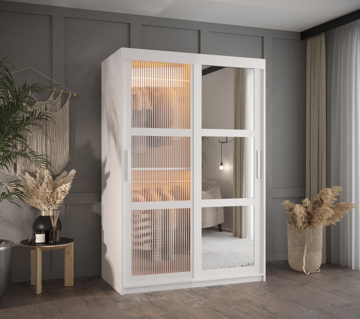 SCHWEBETÜRENSCHRANK 200/120/62 2-türig - Silberfarben/Weiß, Holz/Kunststoff (120/200/62cm) - Abiks Möbel