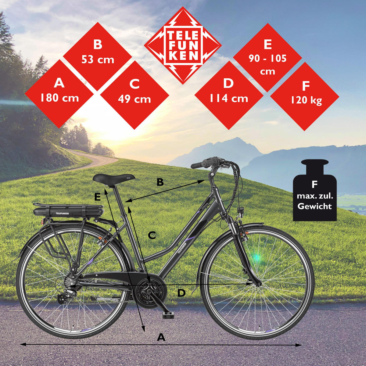 E-BIKE XT480 Trekking Elektrofahrrad 21-Gang Shimano Kettenschaltung, Pedelec, 10Ah, 36V Akku - Anthrazit, Metall (112.5cm) - Telefunken