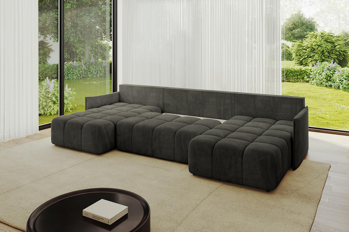 WOHNLANDSCHAFT LONLI-U 355x189x68 Schwarz Velours - Schwarz, Holzwerkstoff/Kunststoff (355/68/189cm) - ALTDECOR