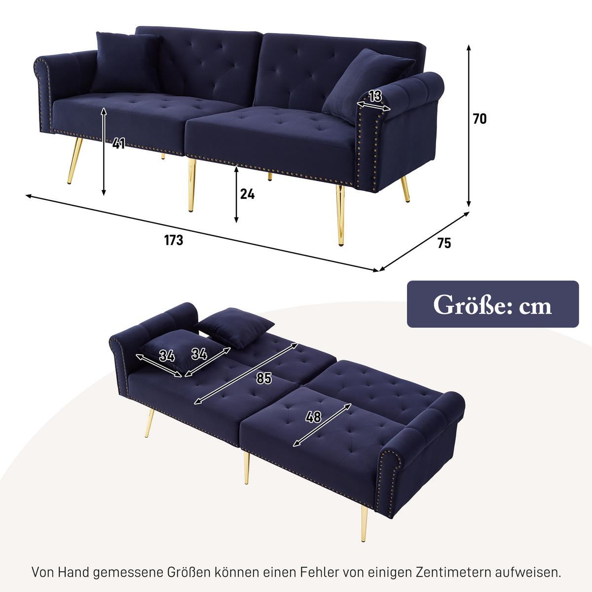 SCHLAFSOFA 2-Sitzer mit verstellbarer Rückenlehne Samt Antique Blue 200/100/85 cm - Blau, Kunststoff (173/70/75cm) - OKWISH