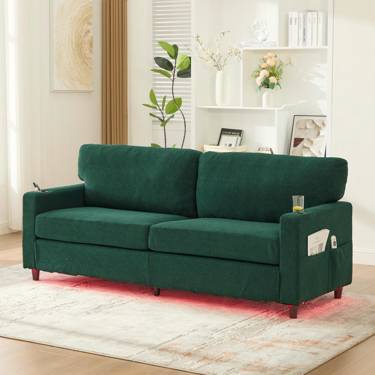 ZWEISITZER Sofa Chenille mit USB-Anschluss LED und Getränkehaltern 203/77,5/86 cm Smaragdgrün - Smaragdgrün, Textil (77.5/86/203cm) - Redom