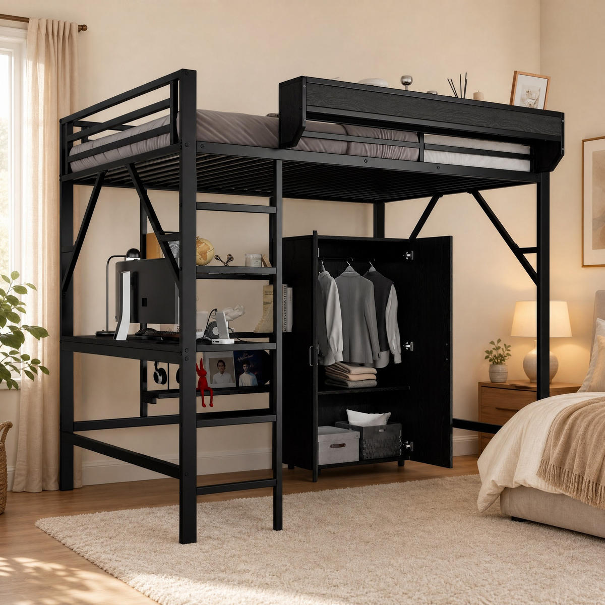 HOCHBETT 140/200 mit Schreibtisch, Kleiderschrank und Stauraum in Schwarz - Schwarz, Holzwerkstoff/Metall (90/200cm) - EVRYAE
