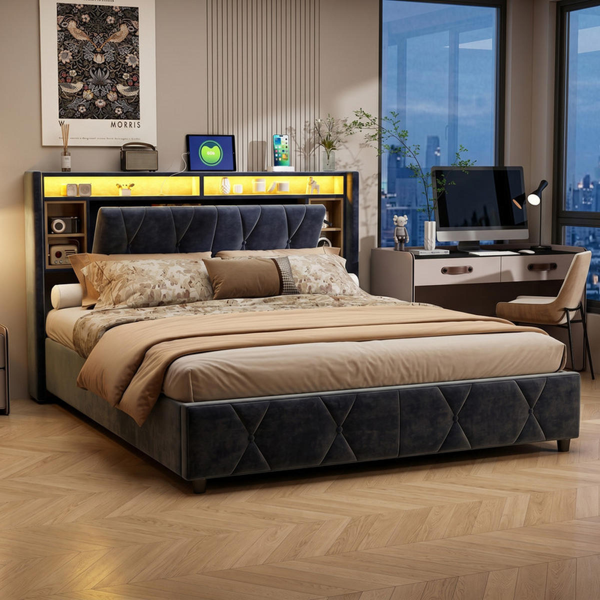 POLSTERBETT 160/200 cm grau mit Stauraum, LED und USB - Grau, Holz