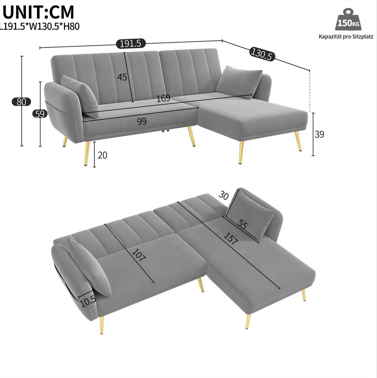 ECKSOFA, Samt mit Schlaffunktion & verstellbarer Rückenlehne, 191,5/130,5/80 cm, Grau - Grau, Textil (130.5/191.5cm) - Redom