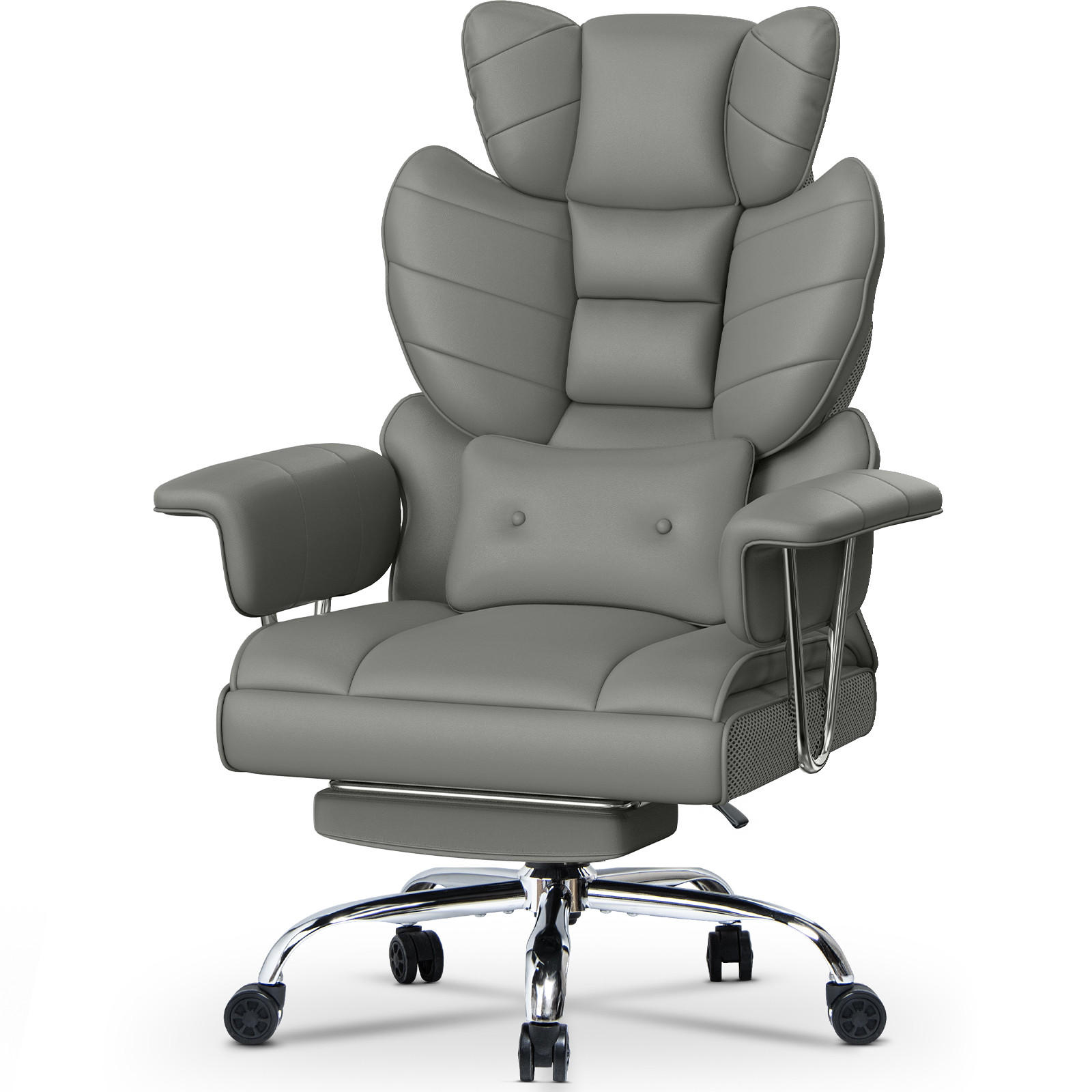 CHEFSESSEL ergonomisch, Leder, Fußstütze – Grau - Grau, Metall (58/128/50cm) - Rattantree