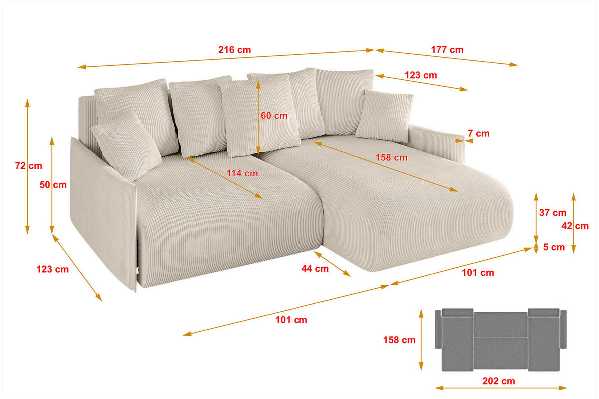 ECKSOFA Ottomane rechts ONESK-L -v1 216x177x72 Beige Cord - Beige, Holzwerkstoff/Kunststoff (177/216cm) - ALTDECOR