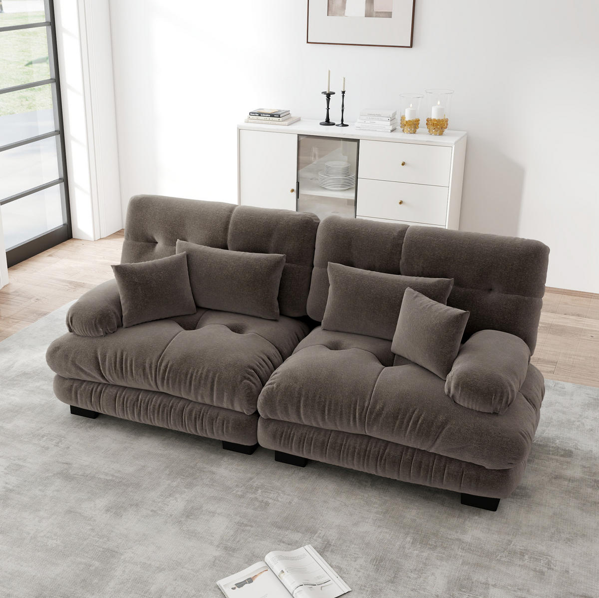 ECKSOFA aus Chenille mit modularer Gestaltung und Rundarmlehnen, Braun - Braun, Textil (220/77cm) - Redom