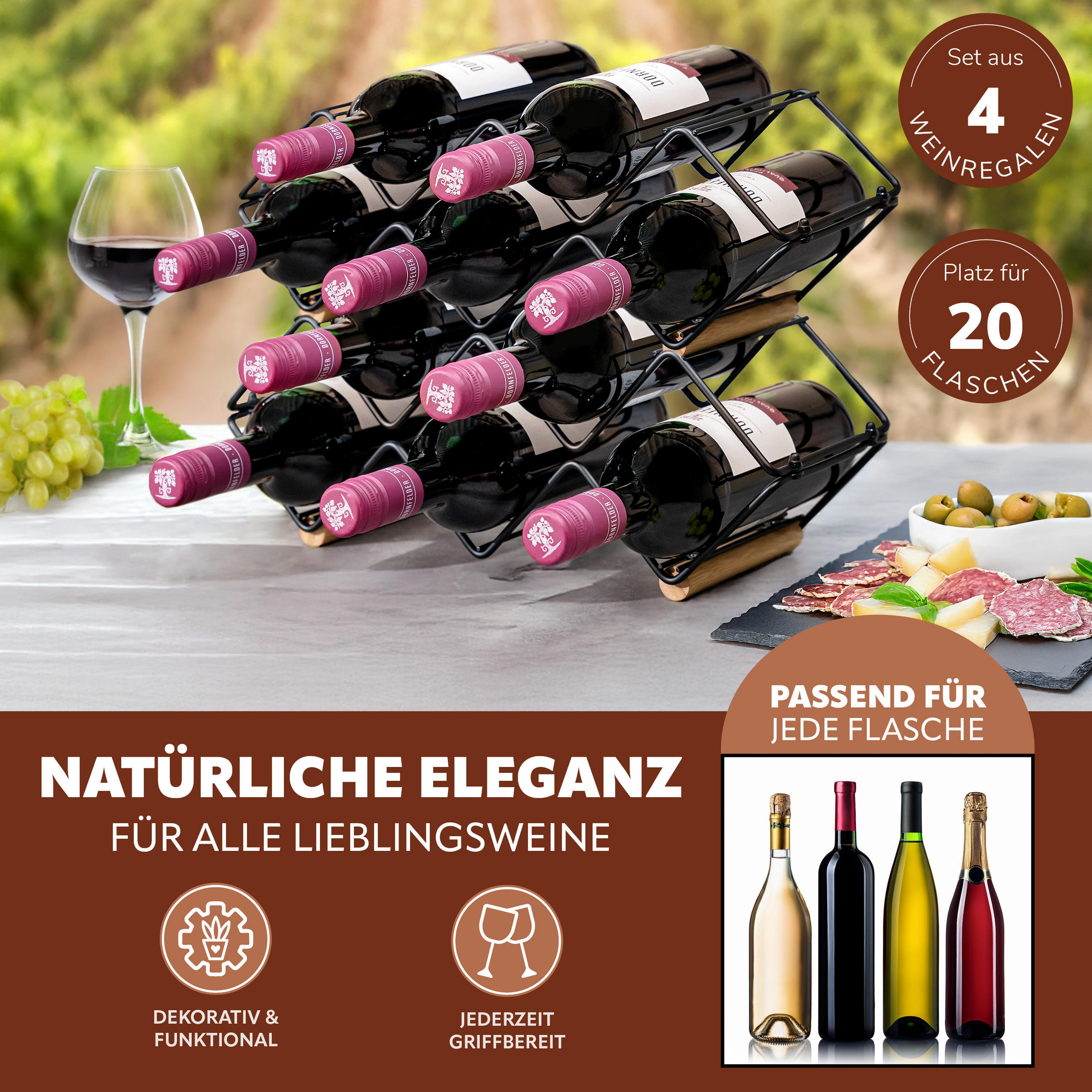 WEINREGAL 4er-Set, schwarz - Schwarz, Metall (39/14.5/15cm) - eluno