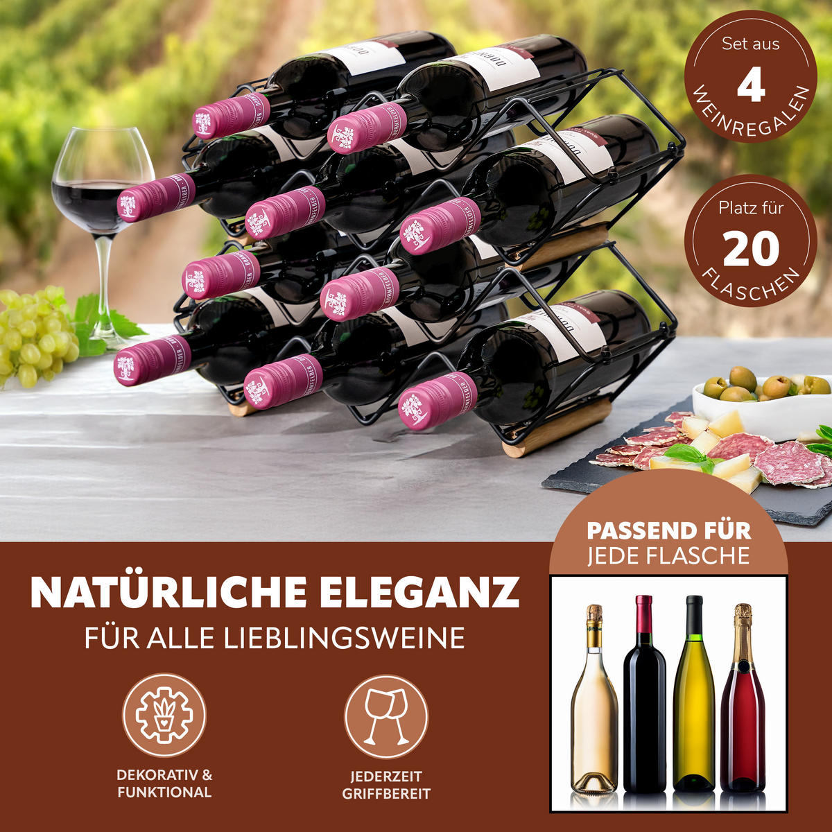 WEINREGAL 4er-Set, schwarz - Schwarz, Metall (39/14.5/15cm) - eluno