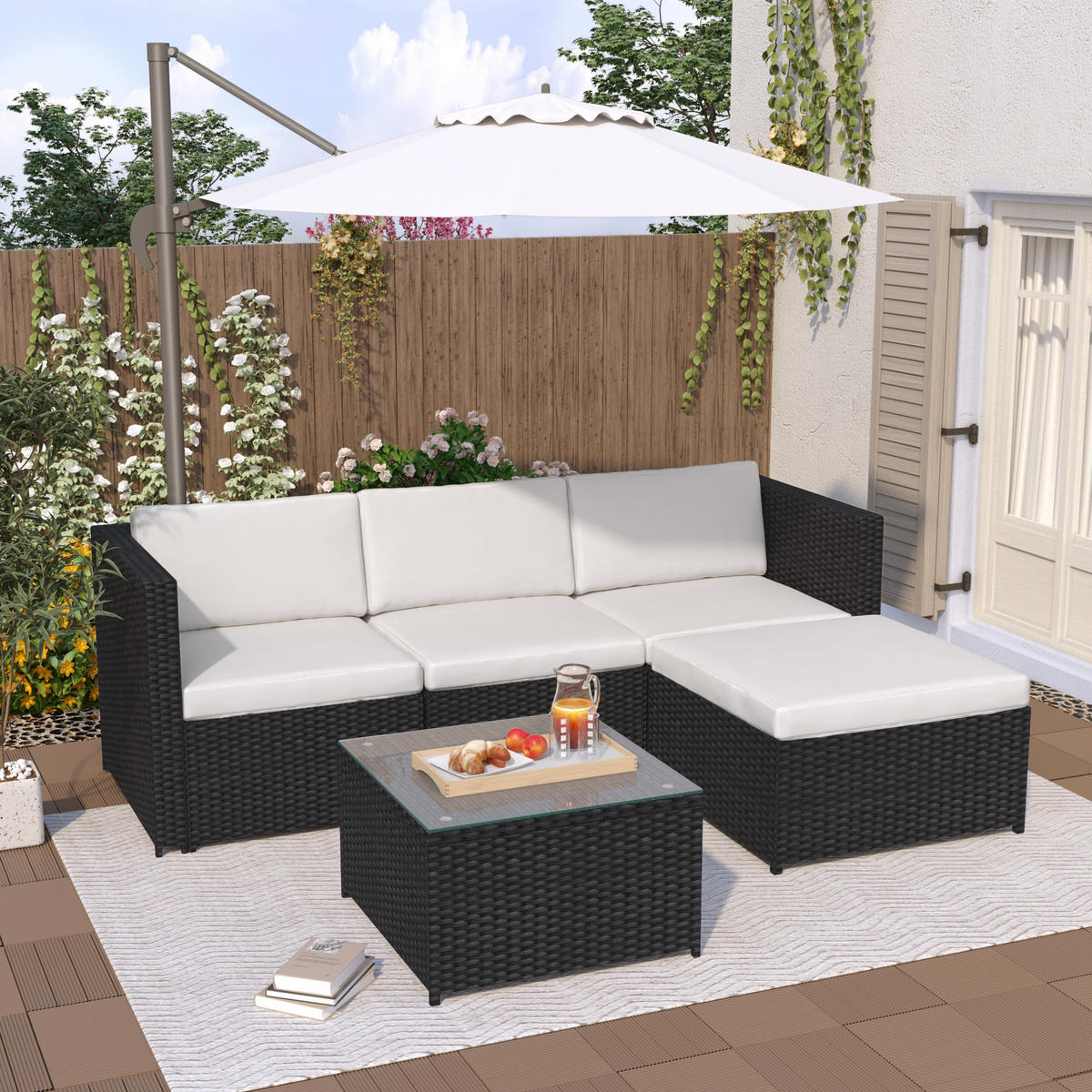 LOUNGESET Schwarz Poly Rattan Mit Sitzkissen & Glastisch - Schwarz, Metall - FLIEKS