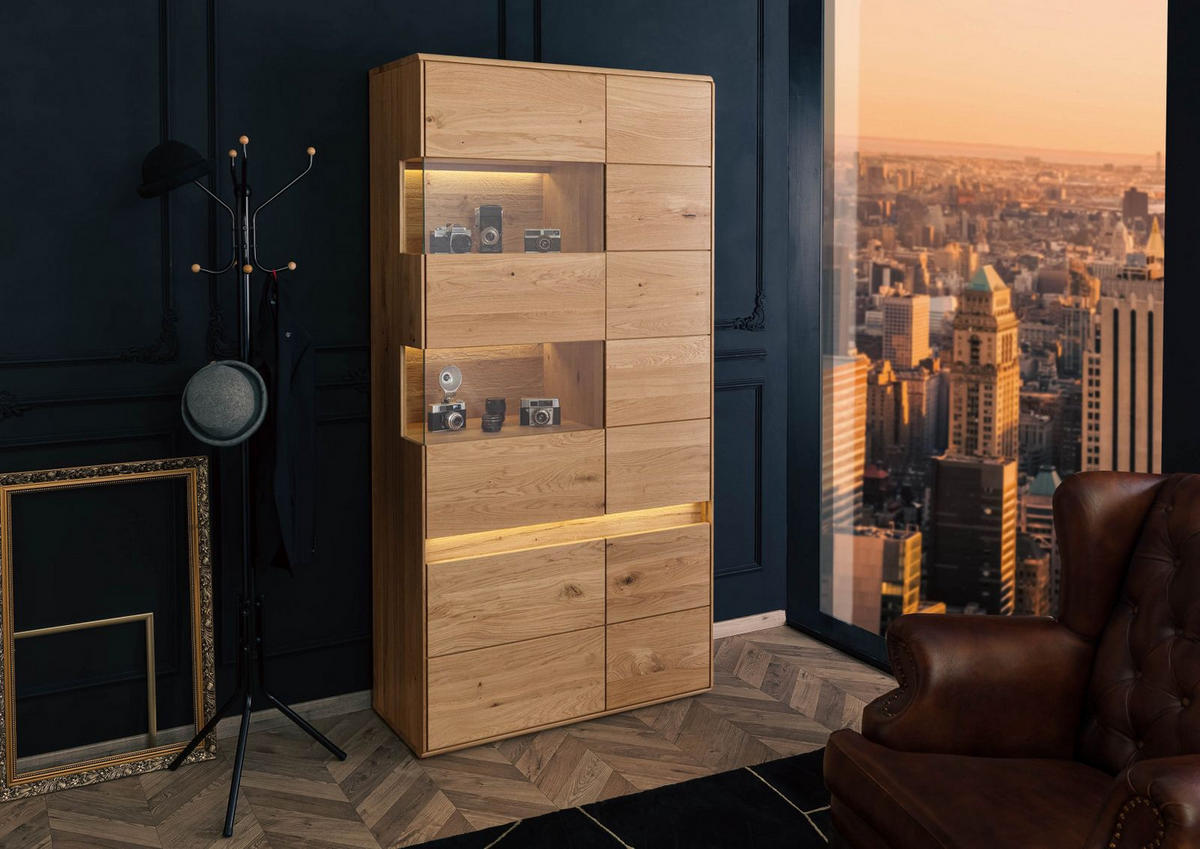 VITRINE Wildeiche inkl. LED 103x43,5x207 natur geölt CARDIFF #111 - Braun, Holz (103/207/44cm) - Massivmoebel24