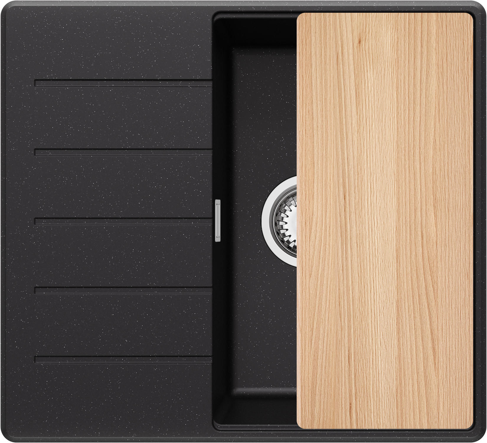 SPÜLBECKEN Kopenhagen, 2-er set Schwarz Metallic 55/50 cm 1 Becken + Ablauf-Set + Schneidebrett ab 40er Unterschrank - Chromfarben/Schwarz Hochglanz, Kunststoff (55/20/50cm) - Primagran