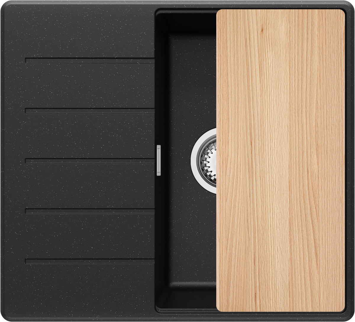 SPÜLBECKEN Kopenhagen, 2-er set Schwarz Metallic 55/50 cm 1 Becken + Ablauf-Set + Schneidebrett ab 40er Unterschrank - Chromfarben/Schwarz Hochglanz, Kunststoff (55/20/50cm) - Primagran