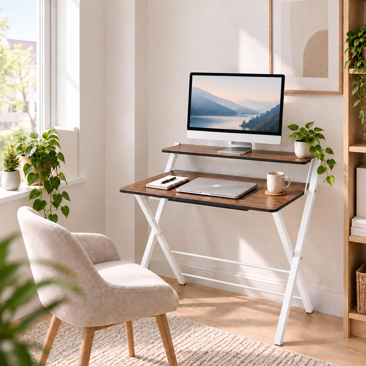 SKRIVBORD Vit fällbart med monitorhylla 70x56 cm - Vit, Träbaserade material/Metall (56/70/82cm) - Relaxdays
