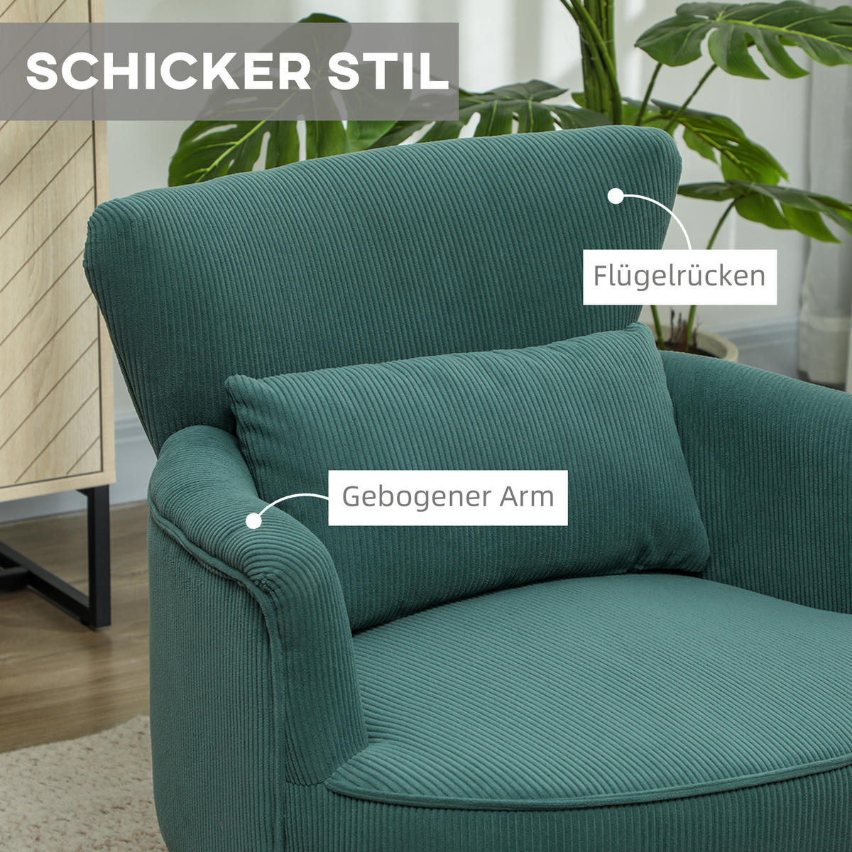 SESSEL mit Rückenlehne, abgerundeten Armlehnen Gepolstert Loungesessel Kordoptik - Dunkelgrün, Textil (69/78/69.5cm) - HOMCOM