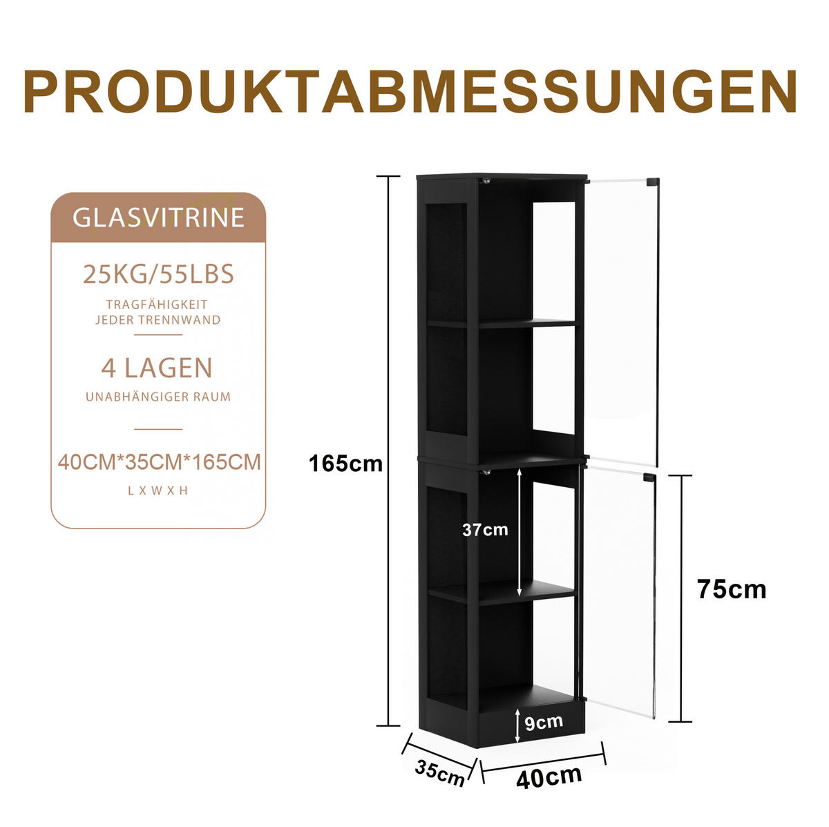 VITRINE mit LED-Beleuchtung 40 x 35 x 165 cm Acacia Wood - Schwarz, Holzwerkstoff (35/165/40cm) - Beauniv