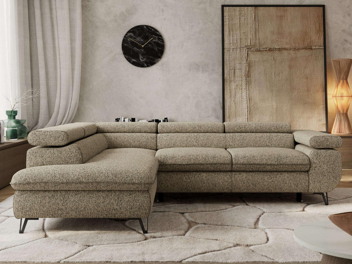 ECKSOFA PABLO L Dunkelbeige Struktur - Links Seite mit Visco Topper - Greige/Schwarz, Textil/Metall (208/273cm) - MKS