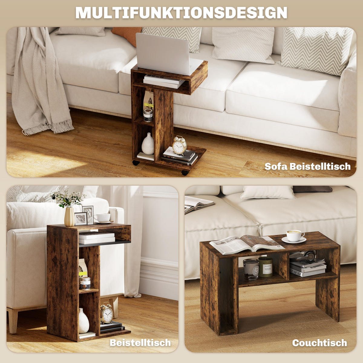 BEISTELLTISCH Couchtisch mit Rollen, 4 Regalen, Braun - Braun, Holzwerkstoff (40/30/69cm) - HOMCOM