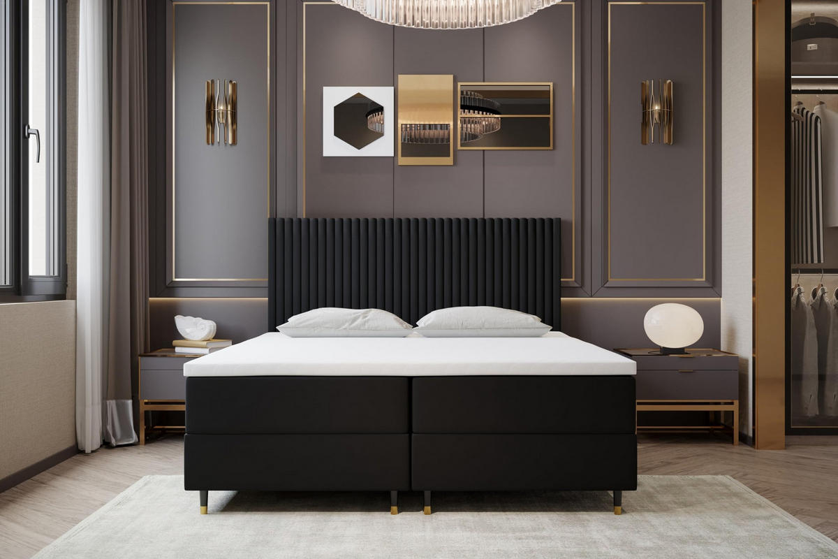 BOXBETT 140 x 200 cm mit Taschenmatratze ESTEPONA, Bettkästen mit Gasdruckfedern, Elegants gepolsterte Kopfstütze und Topper, Schwarz - Schwarz, Holz/Textil (140/200cm) - Trada