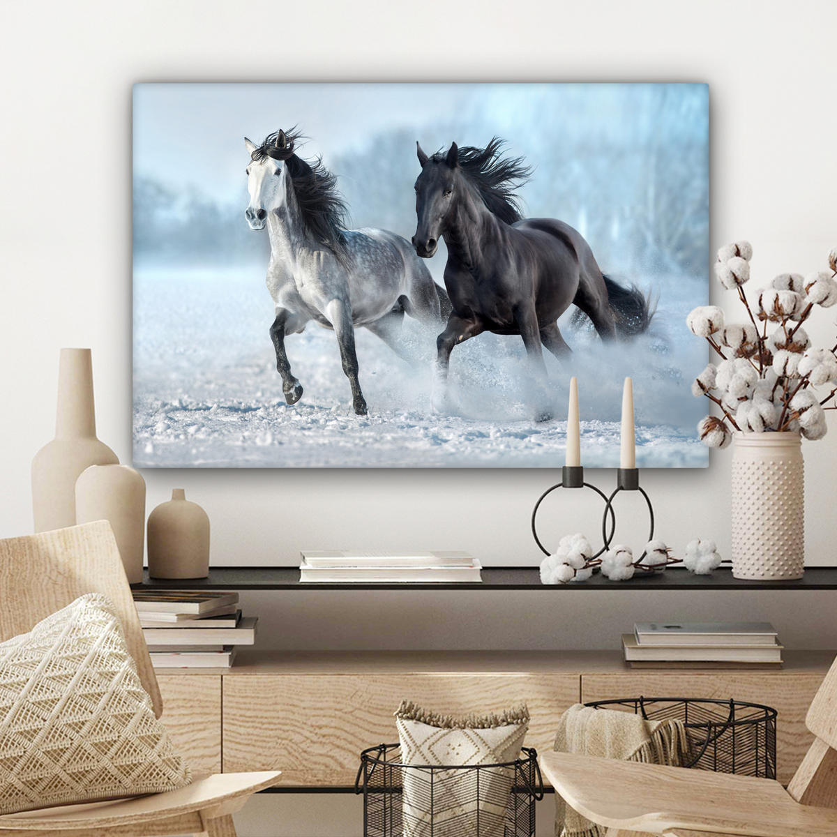 LEINWANDBILD Pferde - Winter - Tiere - Natur - Schnee Wanddeko 90x60 cm - Anthrazit, Textil (90/60cm) - MuchoWow