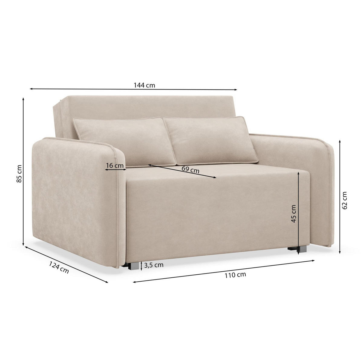 2-SITZER SCHLAFSOFA Duelia Hellbeige, hydrophobe Chenille - Ecru/Schwarz, Textil/Metall (144/85/124cm) - Selsey