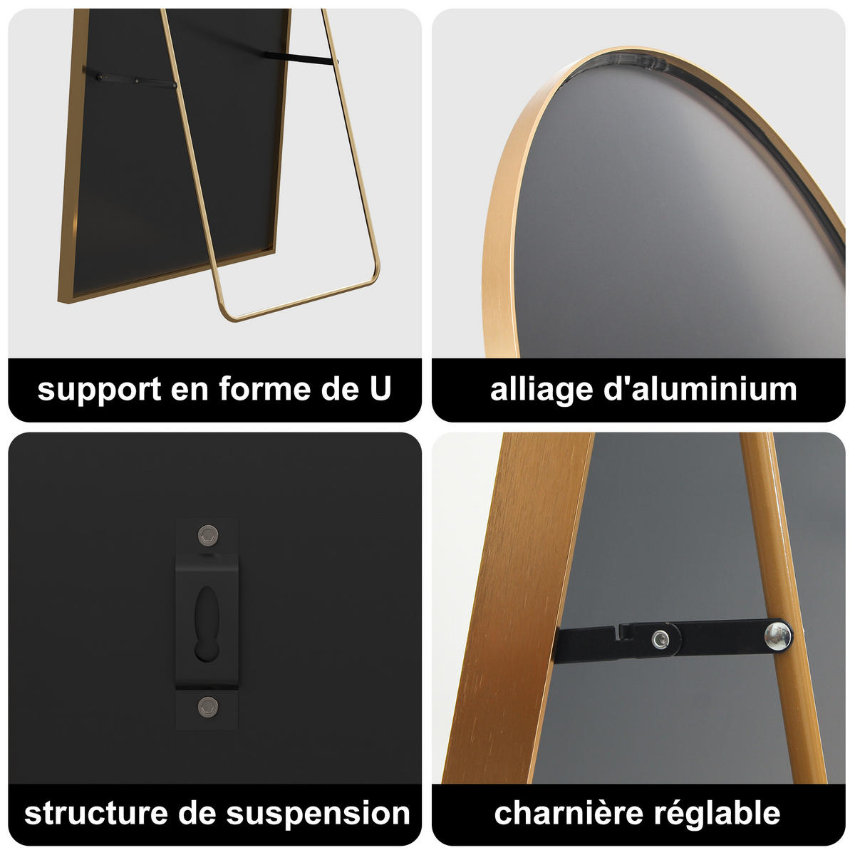 STANDSPIEGEL Bogenform 54 x 164 cm, wandmontierbar, neigbar, gold - Goldfarben, Metall (54/164/3cm)