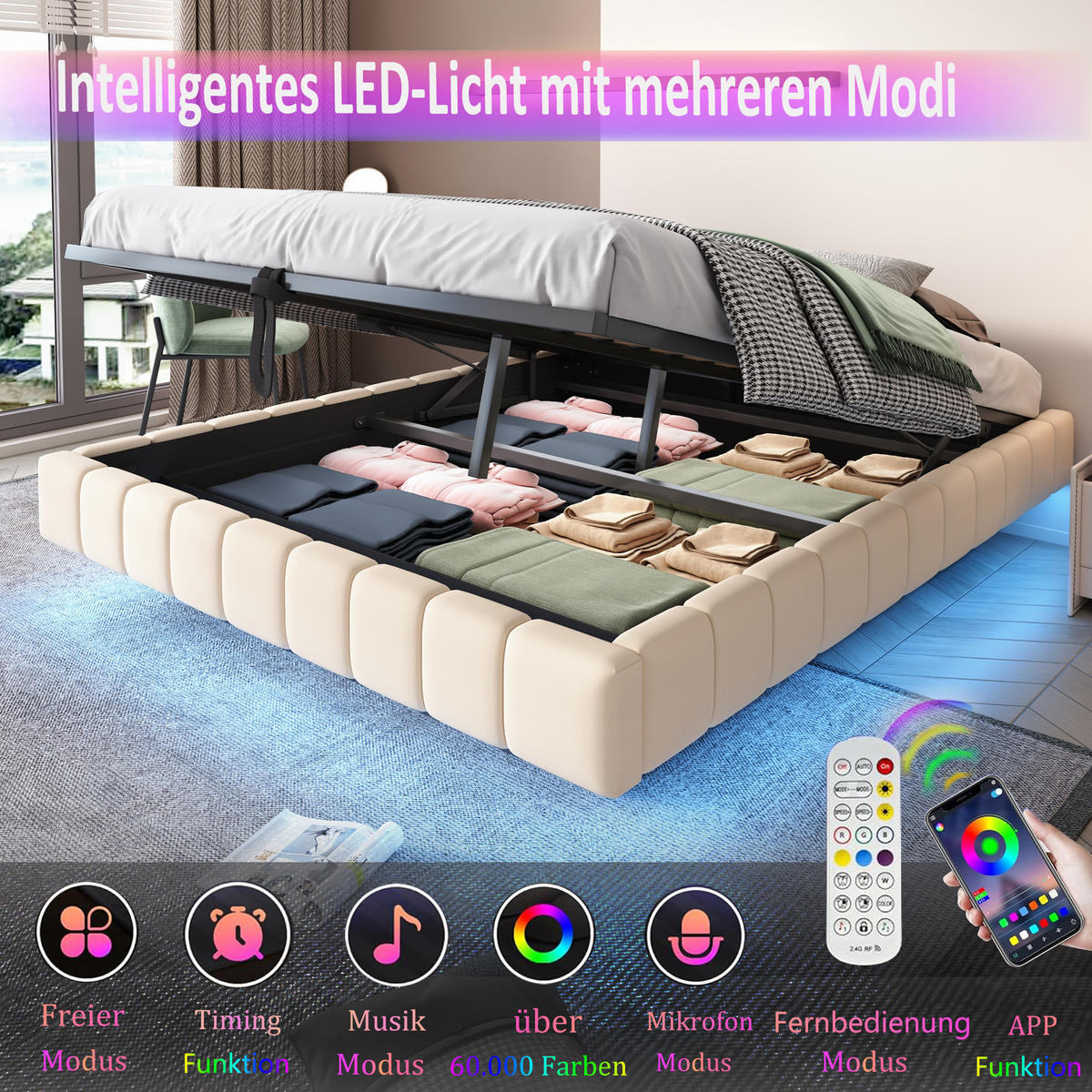 POLSTERBETT 140x200 cm ohne Kopfteil, LED, Stauraum, Leinen, Beige - Beige, Holz (140/200cm)