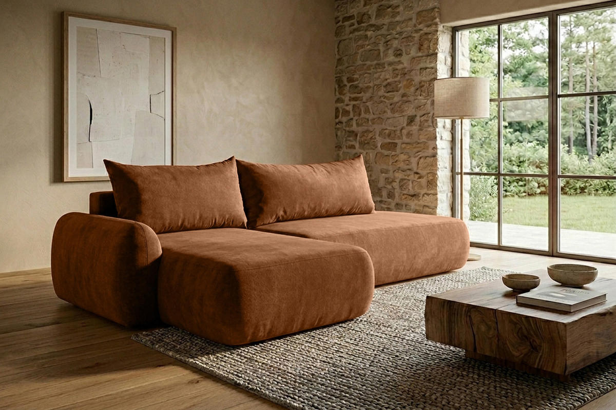 ECKSOFA Mit Schlaffunktion Und Bettkasten, Velvet-Stoff Vena, Honigfarbe, Links, HELA I - Honig, Holz (302/184cm) - Kaiser Möbel