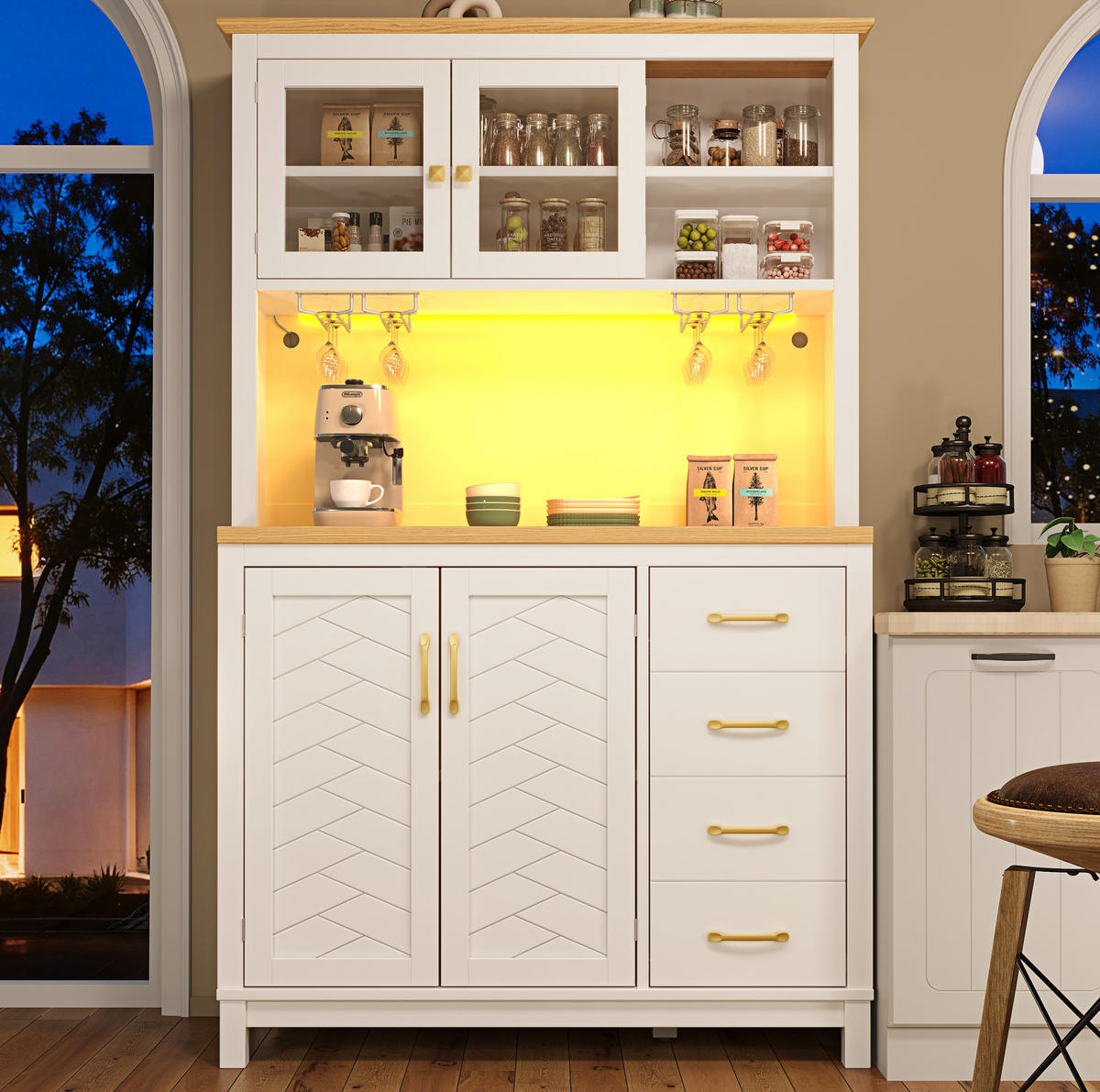 BUFFETSCHRANK 105,5/40/180 cm mit LED-Lichtleiste, App-Steuerung und viel Stauraum aus MDF, Weiß - Weiß, Holzwerkstoff (105.5/180/40cm) - Redom