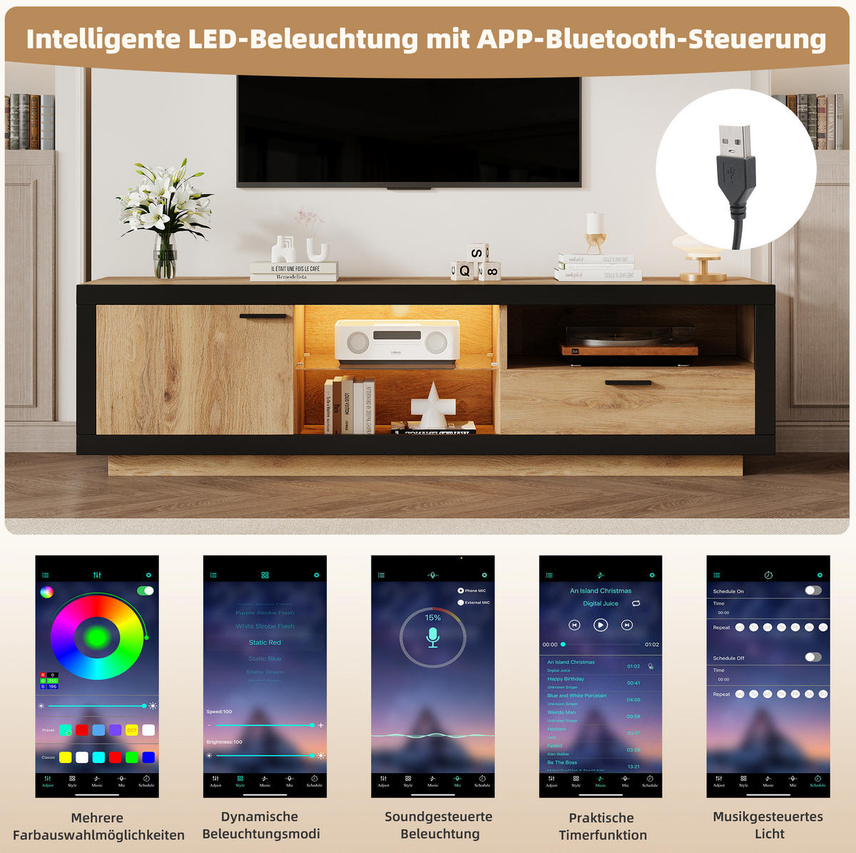 TV-LOWBOARD mit LED-Beleuchtung 160 cm Schwarz/Eiche - Schwarz, Holzwerkstoff (40/50/160cm) - Beauniv