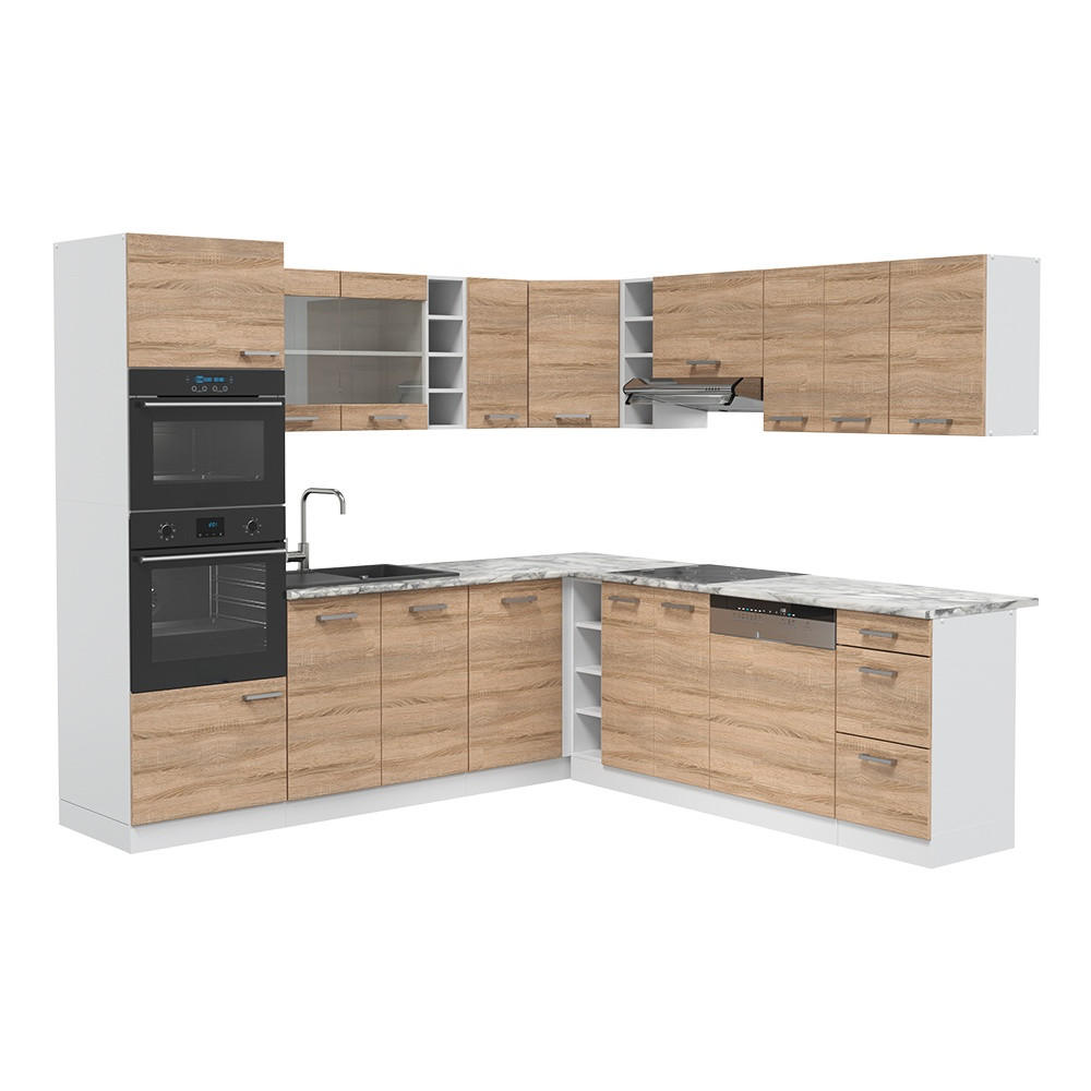 ECKKÜCHE R-Line, Sonoma/Weiß, 247 x 237 cm ohne Arbeitsplatte - Weiß/Sonoma Eiche, Holzwerkstoff (247/206.8/46cm) - Vicco