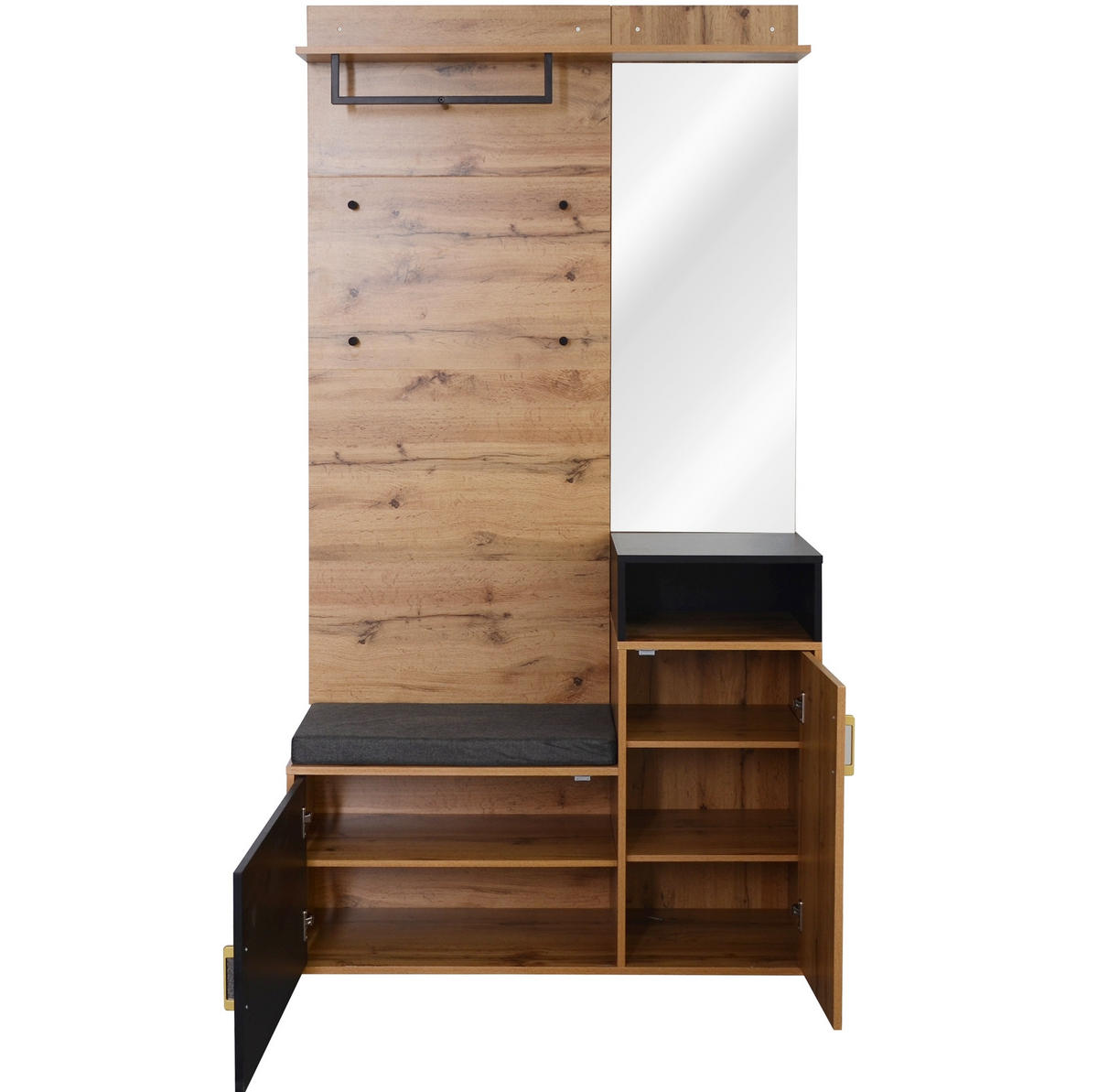 DIELENGARDEROBE mit Spiegel, Sitzbank und 4 Haken 105/40/191,5 cm - Schwarz, Holzwerkstoff (105/191/40cm) - BEAOK