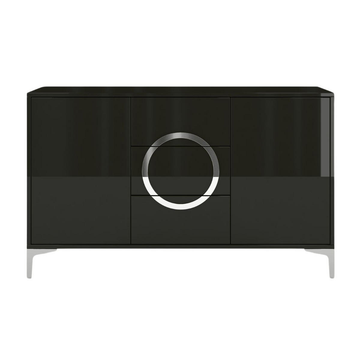 SIDEBOARD Eva, Schwarz, Silberne Akzente, Hochglanz - Schwarz Hochglanz/Silberfarben, Holzwerkstoff/Metall (138/83/38cm) - Kayani