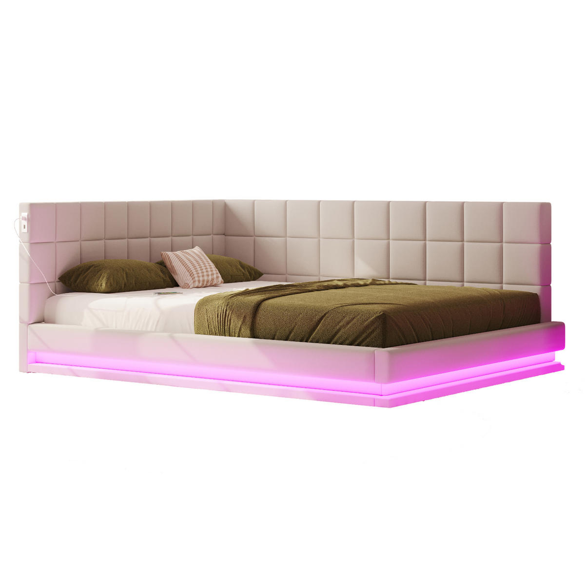 SCHLAFSOFA aus Leinenstoff 160x200 cm Beige mit LED-Beleuchtung, USB-Anschluss und Lattenrost - Beige, Textil (160/200cm) - IVMEU