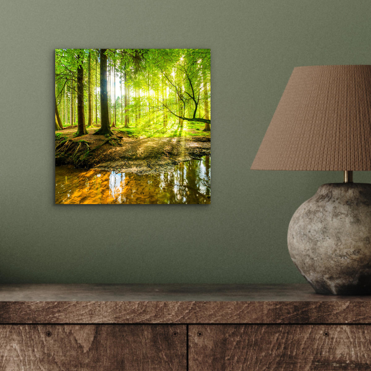 METALLBILD Wald - Landschaft - Wasser - Bäume - Sonne - Grün - Natur 20x20 cm - Grün, Metall (20/20cm) - MuchoWow