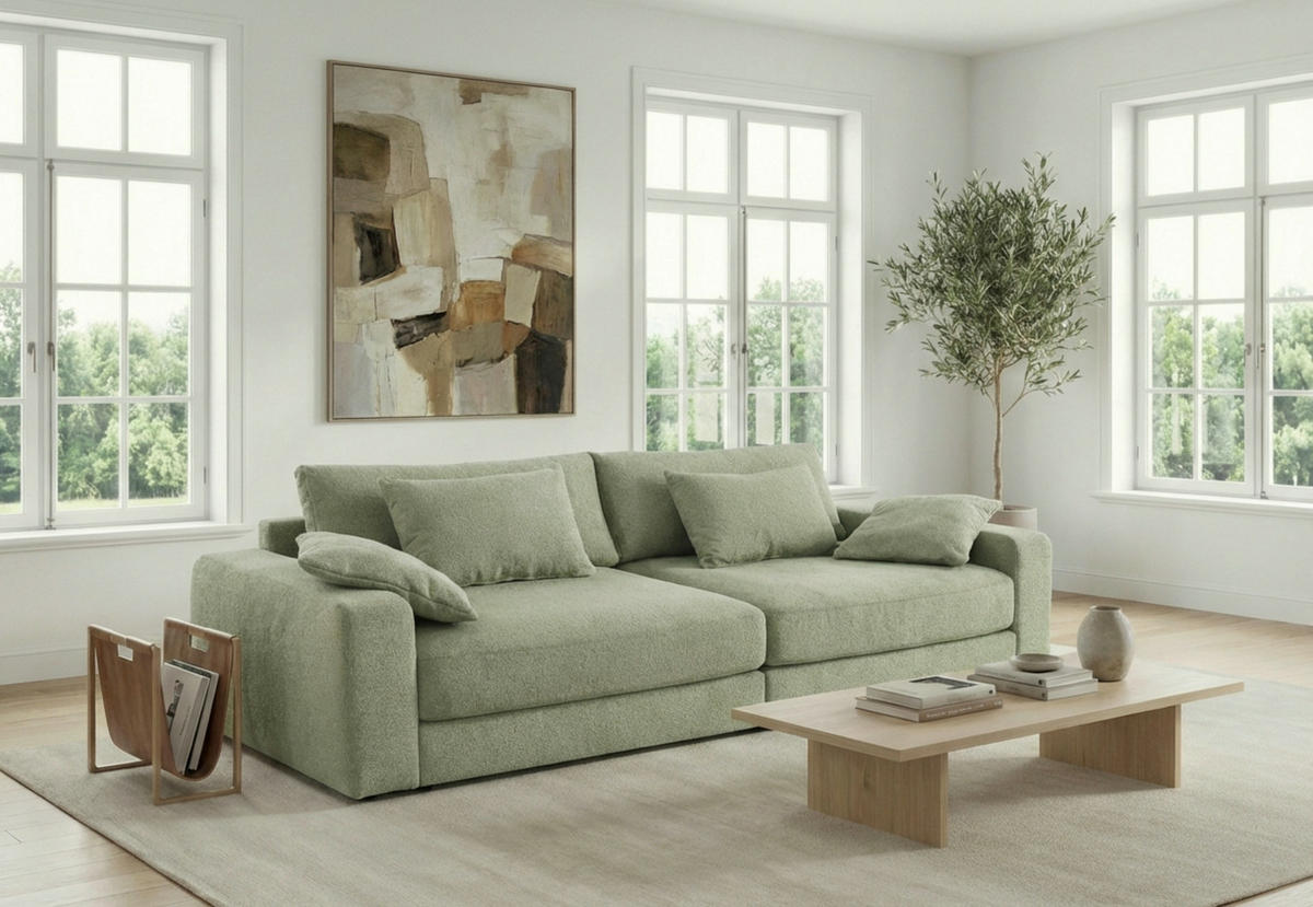 BIG-SOFA mit Federkern B290/T135/H90 cm extratief, Liegefläche 122x240 cm, Flachgewebe Hellgrün / 15247 - Schwarz/Hellgrün, Kunststoff/Textil (290/90/135cm) - luma-home