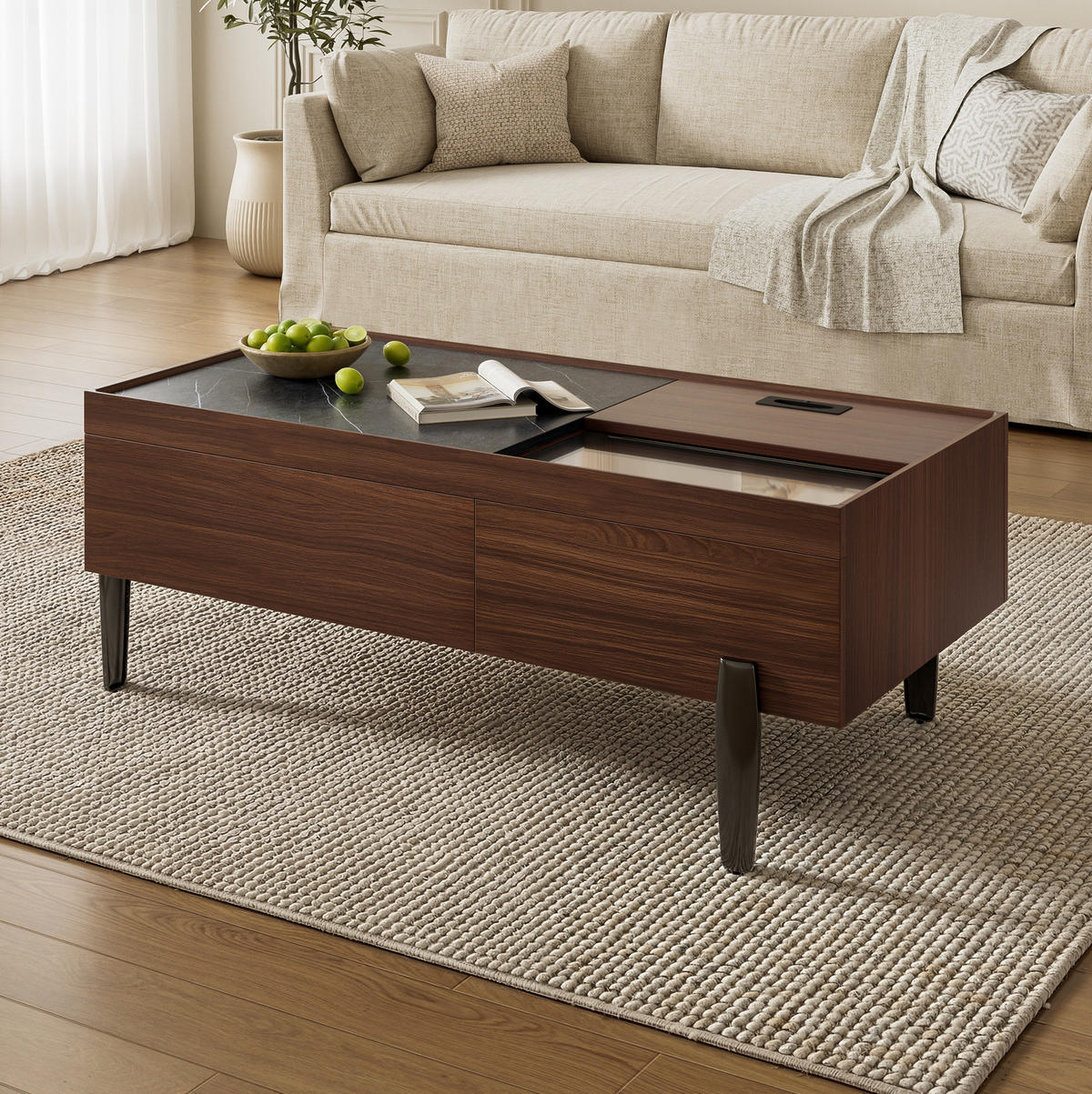 COUCHTISCH aus MDF und Glas 105x50x41,5 cm in Dunkelbraun mit Schubladen - Braun, Holzwerkstoff (105/50/41.5cm) - Modfu