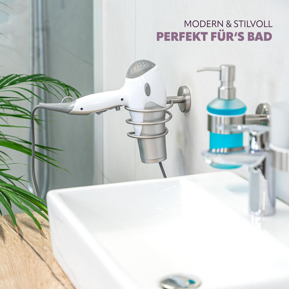 HAARTROCKNERHALTER PIAZZA, Edelstahl, matt - Edelstahlfarben, Metall (12.8/11.4/14.3cm) - bremermann